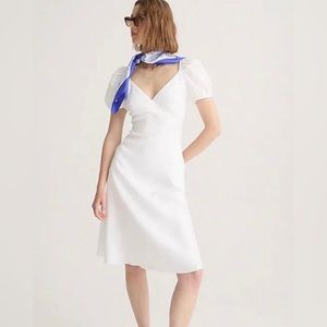 NWT J.Crew Puff-sleeve V-neck midi dress in stretch linen blend, white, size 2